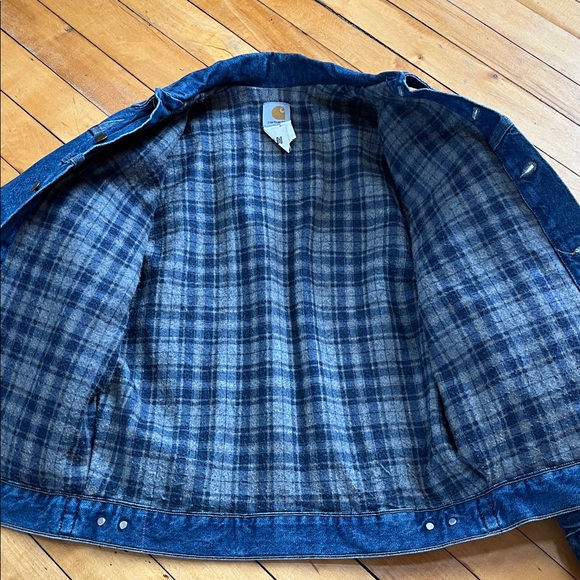Vintage Carhartt Blue Denim Flannel Lined Trucker Jacket Made in USA J11DST - Picture 6 of 12